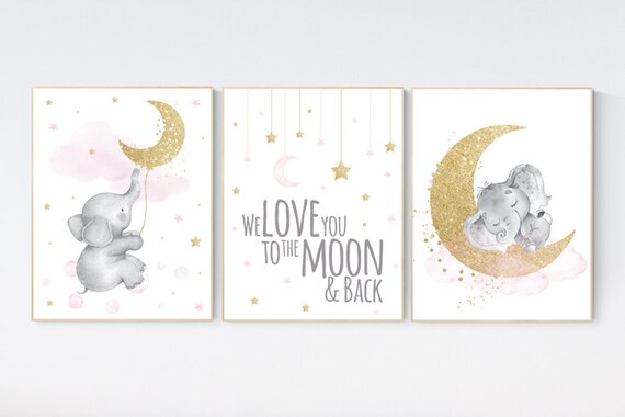 Nursery wall art girl elephant, pink and gold nursery, we love you to the moon and back, pink nursery art, cloud and stars, baby room decor