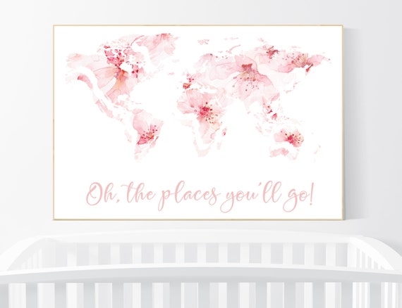 Floral World Map, Girl Nursery Decor, Travel Nursery Art, floral Nursery Print,  blush nursery, Nursery baby girl room, Adventure Awaits