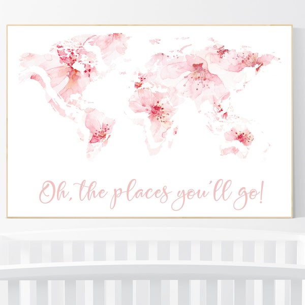 Pode incluir: Um mapa-múndi em aquarela rosa com o texto "Oh, the places you'll go!" impresso abaixo. O mapa é feito de flores rosas.