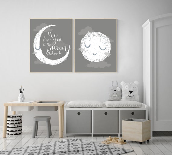 Grey nursery decor, gray nursery decor, sun and moon, grey, moon and stars nursery, gender neutral nursery wall art, sunshine, moon