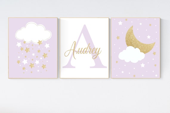 Nursery decor girl purple gold, nursery decor girl lavender and gray, lilac gold nursery, purple nursery, cloud, moon and stars