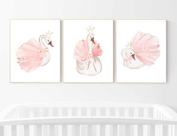 Swan nursery wall art, Nursery decor girl blush pink, blush nursery, floral nursery, swan wall prints, flower nursery, swan nursery prints