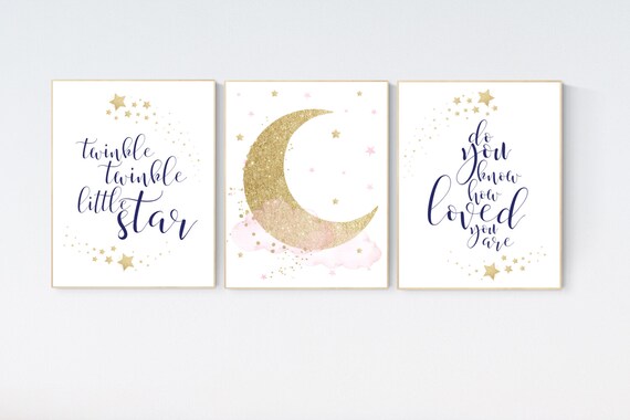 Twinkle twinkle little star, Nursery wall art girl pink gold, baby room decor girl gold and pink, cloud and stars, baby room, moon print