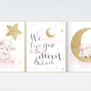 Pink gold nursery decor, Sheep nursery decor, nursery decor lambs, we love you to the moon and back, nursery wall art sheep, moon cloud star