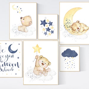 Nursery decor, bear nursery, navy yellow gray, gender neutral nursery, navy Blue, moon and stars, navy nursery, boy nursery, navy yellow