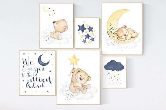 Nursery decor, bear nursery, navy yellow gray, gender neutral nursery, navy Blue, moon and stars, navy nursery, boy nursery, navy yellow