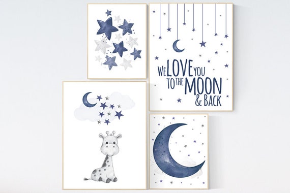 Nursery decor boy giraffe, boy nursery decor, moon and stars, navy nursery, boy nursery wall art, baby room wall art, animal prints nursery