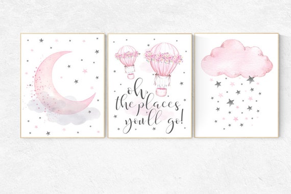 Nursery decor girl pink and gray, hot air balloon, pink and grey, cloud and stars, hot air balloons, nursery wall art, nursery wall art