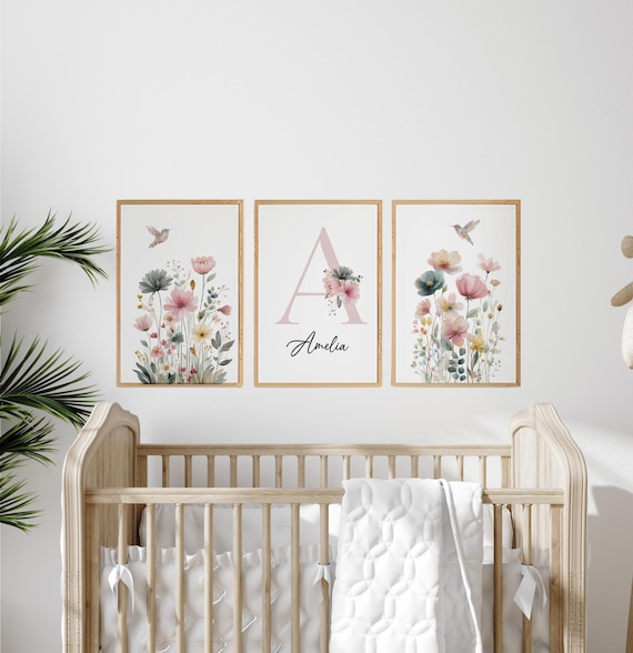 Personalized Hummingbird Nursery Print: Watercolor Floral Name Art
