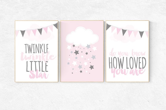 Baby girl nursery, Twinkle Twinkle Little Star, baby girl nursery ideas, cloud nursery art, pink nursery, girls room wall art, baby room