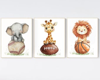 Baby Tier Sport Kinderzimmer Druck: Safari Baseball, Football, Basketball