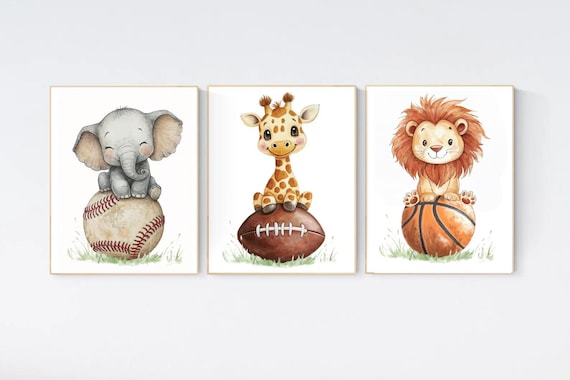 Sports nursery decor, Baby Animals Sport, Baby boy sports nursery, Safari nursery, baseball, football, basketball nursery, animal sports