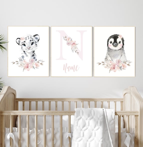 Personalized Arctic Animal Nursery Wall Art – Snow Leopard, Penguin & Name Print Set for Baby Girl, Floral 3-Piece Custom Decor