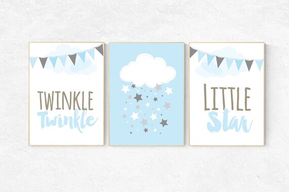 Twinkle Twinkle Little Star, cloud nursery art, Baby boy nursery decor, Blue gray nursery, boys room wall art, baby room prints, set of 3