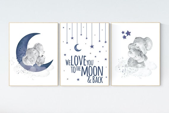 Nursery decor boy elephant, navy nursery decor, we love you to the moon and back, moon and stars, navy blue nursery art, elephant nursery