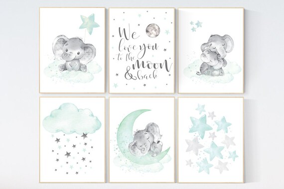 Nursery decor mint and grey, nursery wall art neutral, moon and stars, mint green, nursery elephant prints, nursery decor neutral, animals