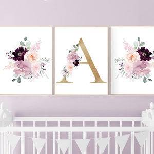 Nursery decor girl purple, mauve, Burgundy, floral nursery, flower nursery, butterfly, nursery prints girl, nursery wall decor girl, name