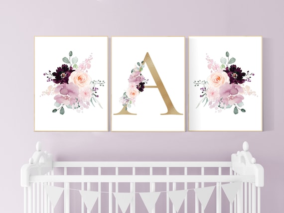 Nursery decor girl purple, mauve, Burgundy, floral nursery, flower nursery, butterfly, nursery prints girl, nursery wall decor girl, name