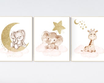 Blush Gold Animal Nursery Decor Prints: Rabbit, Elephant, Giraffe