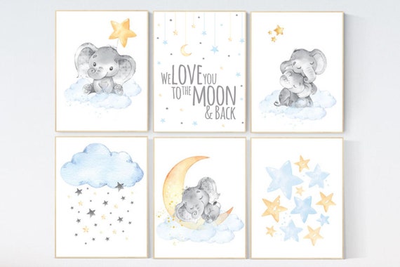 Nursery wall art elephant, nursery decor moon and stars, cloud nursery decor, gender neutral nursery print set, blue yellow, moon and back