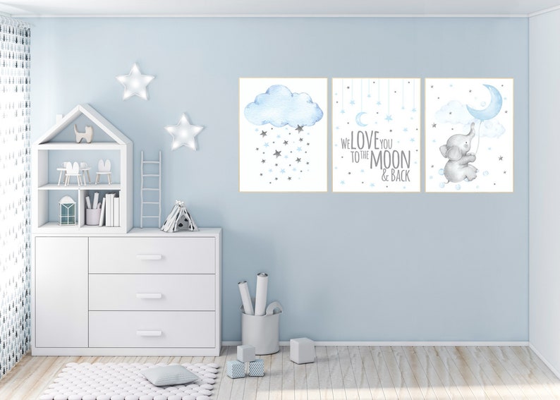 Nursery Decor Boy Elephant Blue Gray Grey Moon and Cloud Etsy
