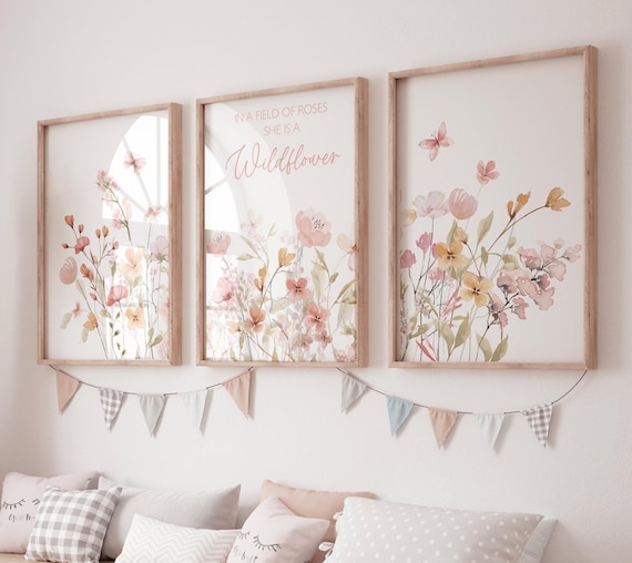 Wildflower Wall Art Set: Blush Floral Nursery Decor Prints