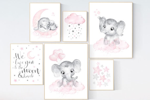 Pink nursery decor, Nursery wall art girls, nursery decor girl pink, nursery prints girl, nursery girl decor ideas, elephant nursery art