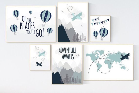 Nursery decor boy mountains adventure, mountain nursery art, adventure awaits. mountain, hot air balloon, planes, world map, gender neutral