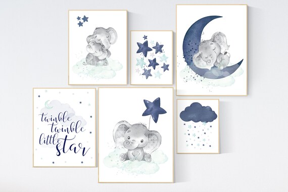 Nursery decor boy elephant, nursery wall art boy, navy teal, moon and stars, navy and teal nursery, boy nursery decor, elephant nursery art