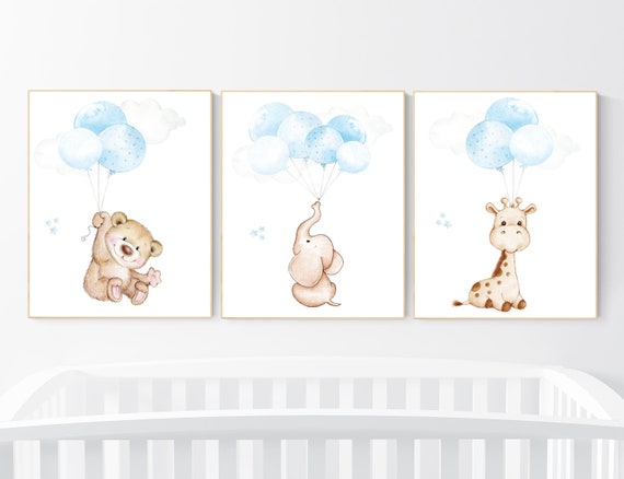 Nursery decor boy, animal prints for nursery, elephant nursery art, bear nursery decor, giraffe nursery print, balloon animal nursery decor