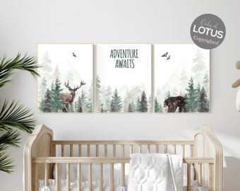 Nursery decor woodland, mountain wall art, tree nursery decor, adventure theme nursery, forest nursery, sage green, woodland animals