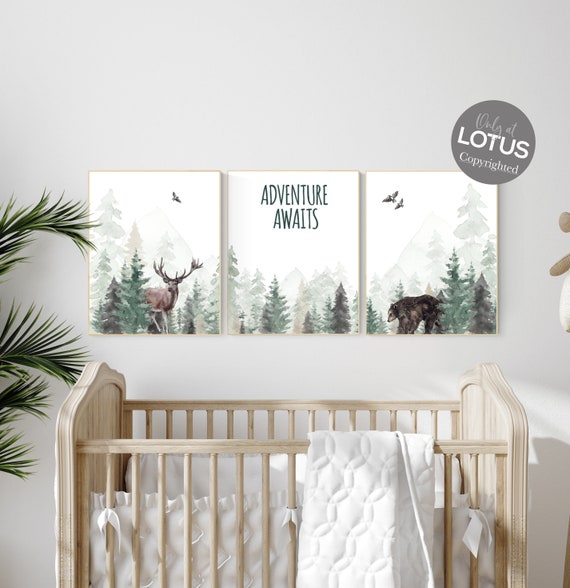 Nursery decor woodland, mountain wall art, tree nursery decor, adventure theme nursery, forest nursery, sage green, woodland animals