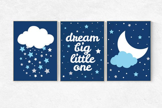 Navy nursery, dream big little one, nursery decor boy, navy blue nursery wall art, cloud and star nursery, boys room decor, dream big