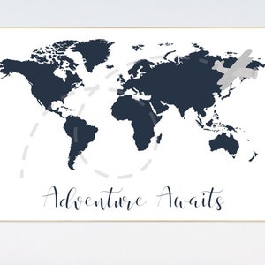 Mappa artistica da parete per la cameretta dei bambini, l'avventura ti aspetta, stampa della mappa del mondo, decorazione per la cameretta dei bambini, avventura sulle montagne, blu navy, decorazione per la cameretta dei bambini, grigio navy