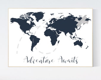 Navy Blue World Map Nursery Art: Adventure Awaits Print