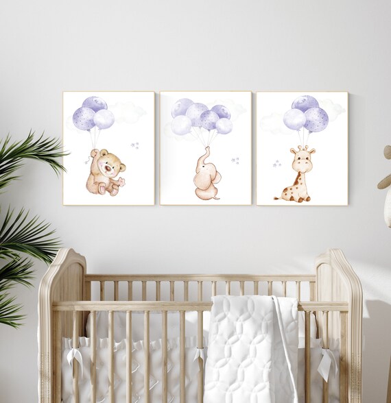 Nursery decor girl purple, animal prints for nursery, lavender nursery, animal nursery prints, balloon nursery, girl nursery room decor