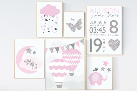 Nursery decor girl elephant, Nursery wall art girl, pink silver nursery, hot air balloon, birth stats, cloud and stars, baby room decor girl