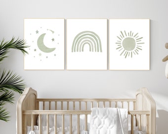 Sage Green Nursery Prints: Rainbow, Moon, Sun Wall Art