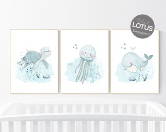 Printset oceaankwekerij: aquarel zeedieren muurkunst
