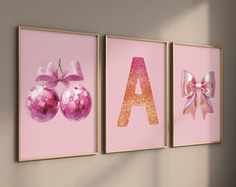 Teen Girl Room Decor, Pink Disco Balls, Glitter Letter Print