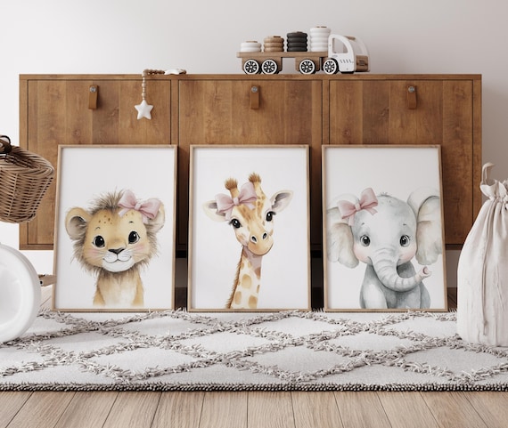 Baby Girl Nursery Wall Art Set, Safari Animals with Pink Bows