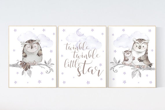 Nursery decor girl purple, Nursery decor owl, lilac nursery, nursery wall art, owl nursery, lavender, twinkle twinkle little star, purple