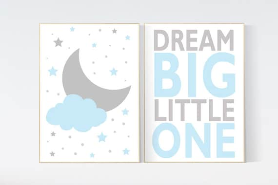 Blue nursery decor, Dream Big Little One Art Print, baby boy nursery, blue gray nursery decor, nursery wall art, clouds, nursery room boy