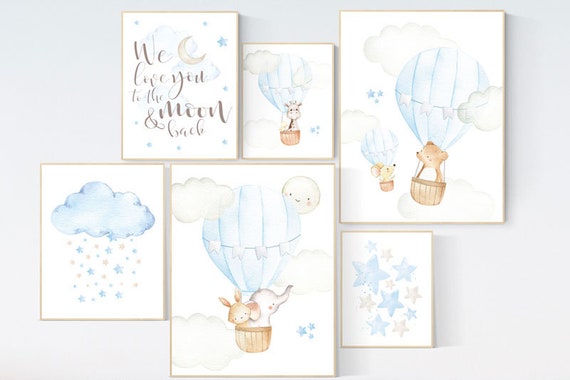 Hot air balloon nursery, nursery wall art boy, we love you to the moon and back, moon and stars, Nursery decor boy neutral, travel nursery