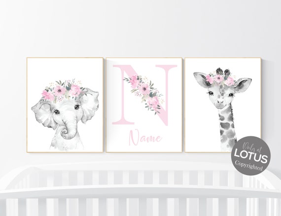 Girl nursery decor, Nursery wall art animals, Safari animals, Floral Nursery Prints, pink nursery, girls nursery decor, elephant nursery