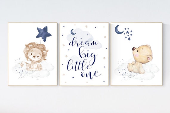 Nursery decor lion, bear navy nursery decor, dream big little one, moon and stars, navy blue nursery art. baby room art, animal nursery
