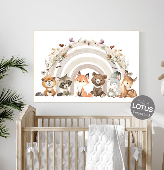 Nursery decor boho, girl nursery decor, wildflower nursery, rainbow print, Boho Rainbow, woodland animals, animal nursery, rainbow nursery