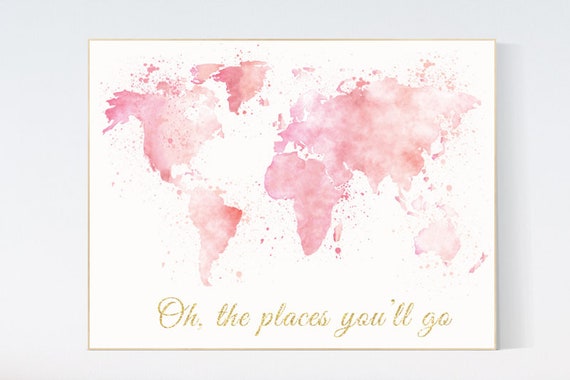 Pink gold watercolor world map, Nursery baby girl room, nursery wall art map, blush nursery, nursery decor girl map print