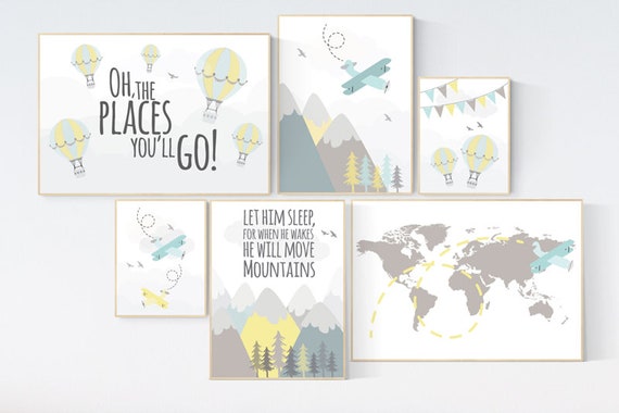 Nursery decor boy mountains adventure, let him sleep for when he wakes he will move mountains, nursery decor boy airplane, world map nursery