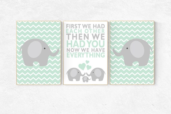 Mint nursery decor, First We Had Each Other, elephant Nursery, Nursery Art, Nursery Decor, gender neutral nursery,  set of 3, playroom decor